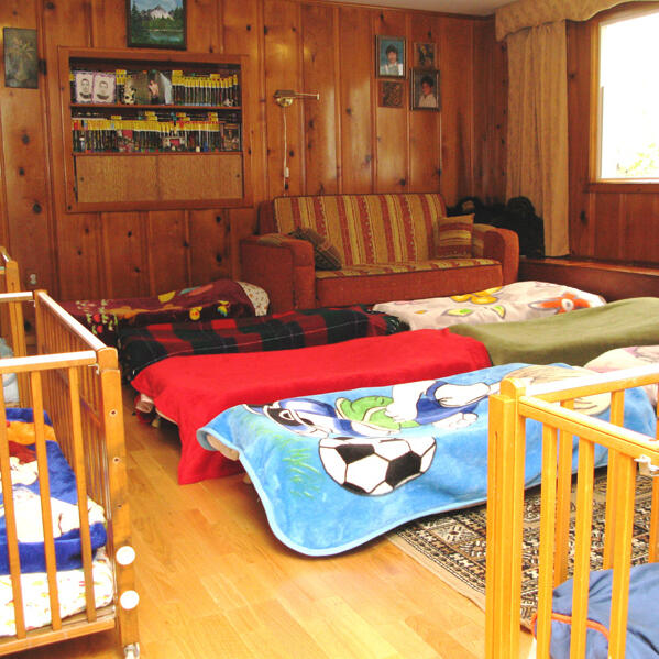 Rest area with children’s beds and blankets