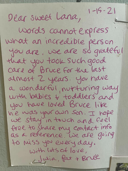 Parent thank-you note about Lana’s care