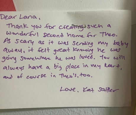 Parent thank-you note about Lana’s loving care