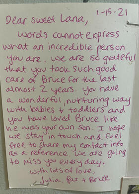 Untitled Parent testimonial about Lana’s nurturing care for babies and toddlers