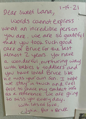 Untitled Parent testimonial about Lana’s nurturing care for babies and toddlers