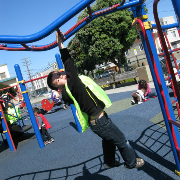 Child climbing playground equipment at a Sunset District playground